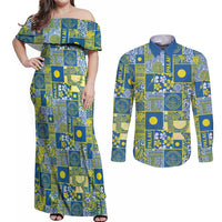 Palau Ungil Kurismas Couples Matching Off Shoulder Maxi Dress and Long Sleeve Button Shirt Pacific Patchwork Xmas Vibes - Polynesian Pride