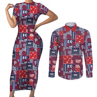 Red Samoa Manuia Le Kerisimasi Couples Matching Short Sleeve Bodycon Dress and Long Sleeve Button Shirt Pacific Patchwork Xmas Vibes - Polynesian Pride