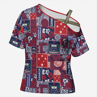 Red Samoa Manuia Le Kerisimasi Cross Shoulder Shirt Pacific Patchwork Xmas Vibes LT9 Female Red - Polynesian Pride