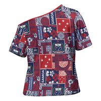 Red Samoa Manuia Le Kerisimasi Cross Shoulder Shirt Pacific Patchwork Xmas Vibes LT9 - Polynesian Pride