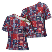 Red Samoa Manuia Le Kerisimasi Cross Shoulder Shirt Pacific Patchwork Xmas Vibes - Polynesian Pride