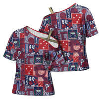 Red Samoa Manuia Le Kerisimasi Cross Shoulder Shirt Pacific Patchwork Xmas Vibes LT9 - Polynesian Pride