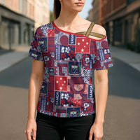 Red Samoa Manuia Le Kerisimasi Cross Shoulder Shirt Pacific Patchwork Xmas Vibes LT9 - Polynesian Pride