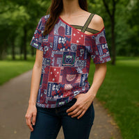 Red Samoa Manuia Le Kerisimasi Cross Shoulder Shirt Pacific Patchwork Xmas Vibes LT9 - Polynesian Pride