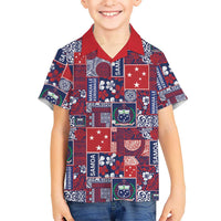 Red Samoa Manuia Le Kerisimasi Family Matching Off The Shoulder Long Sleeve Dress and Hawaiian Shirt Pacific Patchwork Xmas Vibes LT9 Son's Shirt Red - Polynesian Pride
