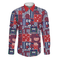 Red Samoa Manuia Le Kerisimasi Family Matching Off Shoulder Short Dress and Hawaiian Shirt Pacific Patchwork Xmas Vibes LT9 Dad's Shirt - Long Sleeve Red - Polynesian Pride