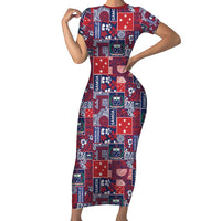 Red Samoa Manuia Le Kerisimasi Family Matching Short Sleeve Bodycon Dress and Hawaiian Shirt Pacific Patchwork Xmas Vibes - Polynesian Pride