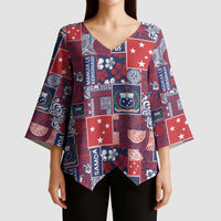 Red Samoa Manuia Le Kerisimasi Kimono Sleeve Blouse Pacific Patchwork Xmas Vibes - Polynesian Pride