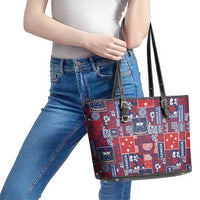 Red Samoa Manuia Le Kerisimasi Leather Tote Bag Pacific Patchwork Xmas Vibes - Polynesian Pride