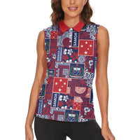 Red Samoa Manuia Le Kerisimasi Women Sleeveless Polo Shirt Pacific Patchwork Xmas Vibes - Polynesian Pride