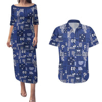 Blue Samoa Manuia Le Kerisimasi Couples Matching Puletasi and Hawaiian Shirt Pacific Patchwork Xmas Vibes LT9 Blue - Polynesian Pride
