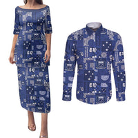 Blue Samoa Manuia Le Kerisimasi Couples Matching Puletasi and Long Sleeve Button Shirt Pacific Patchwork Xmas Vibes LT9 Blue - Polynesian Pride