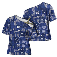 Blue Samoa Manuia Le Kerisimasi Cross Shoulder Shirt Pacific Patchwork Xmas Vibes LT9 - Polynesian Pride