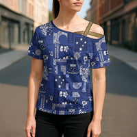 Blue Samoa Manuia Le Kerisimasi Cross Shoulder Shirt Pacific Patchwork Xmas Vibes LT9 - Polynesian Pride