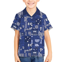 Blue Samoa Manuia Le Kerisimasi Family Matching Off The Shoulder Long Sleeve Dress and Hawaiian Shirt Pacific Patchwork Xmas Vibes LT9 Son's Shirt Blue - Polynesian Pride