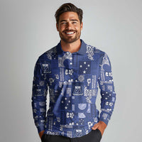 Blue Samoa Manuia Le Kerisimasi Long Sleeve Polo Shirt Pacific Patchwork Xmas Vibes - Polynesian Pride