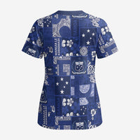 Blue Samoa Manuia Le Kerisimasi Scrub Top Pacific Patchwork Xmas Vibes - Polynesian Pride