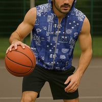 Blue Samoa Manuia Le Kerisimasi Sleeveless Zip Hoodie Pacific Patchwork Xmas Vibes - Polynesian Pride