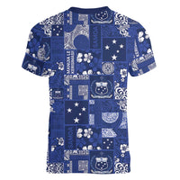 Blue Samoa Manuia Le Kerisimasi Women V-Neck T-Shirt Pacific Patchwork Xmas Vibes - Polynesian Pride
