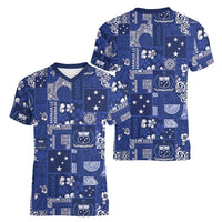 Blue Samoa Manuia Le Kerisimasi Women V-Neck T-Shirt Pacific Patchwork Xmas Vibes - Polynesian Pride