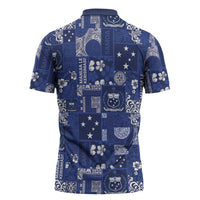Blue Samoa Manuia Le Kerisimasi Zipper Polo Shirt Pacific Patchwork Xmas Vibes LT9 - Polynesian Pride