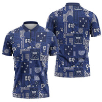 Blue Samoa Manuia Le Kerisimasi Zipper Polo Shirt Pacific Patchwork Xmas Vibes - Polynesian Pride