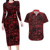Dark Samoa Manuia Le Kerisimasi Couples Matching Long Sleeve Bodycon Dress and Hawaiian Shirt Pacific Patchwork Xmas Vibes LT9 Red - Polynesian Pride