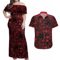 Dark Samoa Manuia Le Kerisimasi Couples Matching Off Shoulder Maxi Dress and Hawaiian Shirt Pacific Patchwork Xmas Vibes LT9 Red - Polynesian Pride