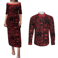 Dark Samoa Manuia Le Kerisimasi Couples Matching Puletasi and Long Sleeve Button Shirt Pacific Patchwork Xmas Vibes LT9 Red - Polynesian Pride