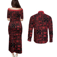 Dark Samoa Manuia Le Kerisimasi Couples Matching Puletasi and Long Sleeve Button Shirt Pacific Patchwork Xmas Vibes LT9 - Polynesian Pride