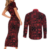 Dark Samoa Manuia Le Kerisimasi Couples Matching Short Sleeve Bodycon Dress and Long Sleeve Button Shirt Pacific Patchwork Xmas Vibes LT9 - Polynesian Pride