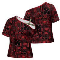 Dark Samoa Manuia Le Kerisimasi Cross Shoulder Shirt Pacific Patchwork Xmas Vibes LT9 - Polynesian Pride