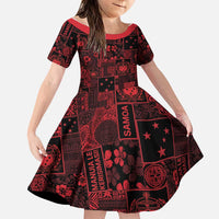 Dark Samoa Manuia Le Kerisimasi Family Matching Off The Shoulder Long Sleeve Dress and Hawaiian Shirt Pacific Patchwork Xmas Vibes LT9 Daughter's Dress Red - Polynesian Pride