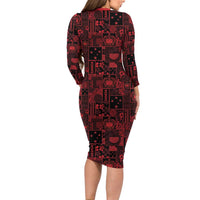 Dark Samoa Manuia Le Kerisimasi Long Sleeve Bodycon Dress Pacific Patchwork Xmas Vibes - Polynesian Pride