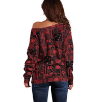 Dark Samoa Manuia Le Kerisimasi Off Shoulder Sweater Pacific Patchwork Xmas Vibes - Polynesian Pride