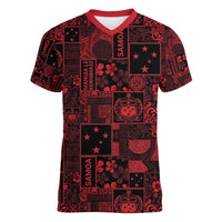 Dark Samoa Manuia Le Kerisimasi Women V-Neck T-Shirt Pacific Patchwork Xmas Vibes - Polynesian Pride