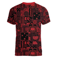 Dark Samoa Manuia Le Kerisimasi Women V-Neck T-Shirt Pacific Patchwork Xmas Vibes - Polynesian Pride