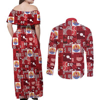 Tahiti Oaoa I Teie Noera Couples Matching Off Shoulder Maxi Dress and Long Sleeve Button Shirt Pacific Patchwork Xmas Vibes - Polynesian Pride