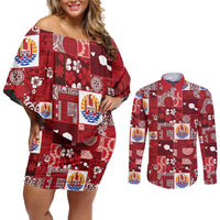 Tahiti Oaoa I Teie Noera Couples Matching Off Shoulder Short Dress and Long Sleeve Button Shirt Pacific Patchwork Xmas Vibes - Polynesian Pride