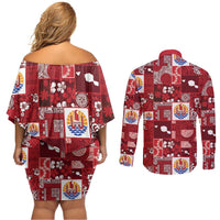 Tahiti Oaoa I Teie Noera Couples Matching Off Shoulder Short Dress and Long Sleeve Button Shirt Pacific Patchwork Xmas Vibes - Polynesian Pride