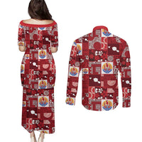 Tahiti Oaoa I Teie Noera Couples Matching Puletasi and Long Sleeve Button Shirt Pacific Patchwork Xmas Vibes LT9 - Polynesian Pride
