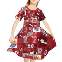 Tahiti Oaoa I Teie Noera Kid Short Sleeve Dress Pacific Patchwork Xmas Vibes - Polynesian Pride