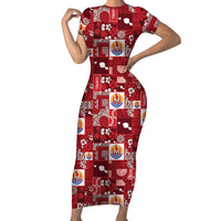 Tahiti Oaoa I Teie Noera Short Sleeve Bodycon Dress Pacific Patchwork Xmas Vibes LT9 Long Dress Red - Polynesian Pride