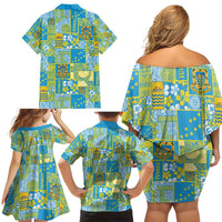 Tuvalu Manuia te Kilisimasi Family Matching Off Shoulder Short Dress and Hawaiian Shirt Pacific Patchwork Xmas Vibes - Polynesian Pride