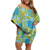 Tuvalu Manuia te Kilisimasi Family Matching Off Shoulder Short Dress and Hawaiian Shirt Pacific Patchwork Xmas Vibes LT9 Mom's Dress Green - Polynesian Pride