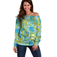 Tuvalu Manuia te Kilisimasi Off Shoulder Sweater Pacific Patchwork Xmas Vibes LT9 Women Green - Polynesian Pride