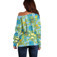Tuvalu Manuia te Kilisimasi Off Shoulder Sweater Pacific Patchwork Xmas Vibes LT9 - Polynesian Pride