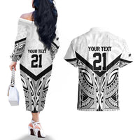 New Zealand Football Custom Couples Matching Off The Shoulder Long Sleeve Dress and Hawaiian Shirt All White Fern Go Champions