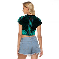 African Dashiki Raglan Cropped T Shirt With Polynesian Pattern - Teal LT9 - Polynesian Pride