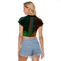 African Dashiki Raglan Cropped T Shirt With Polynesian Pattern - Half Green and Gold LT9 - Polynesian Pride